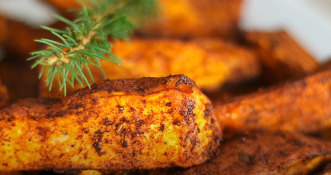 Close-up view of spiced sweet potato fries