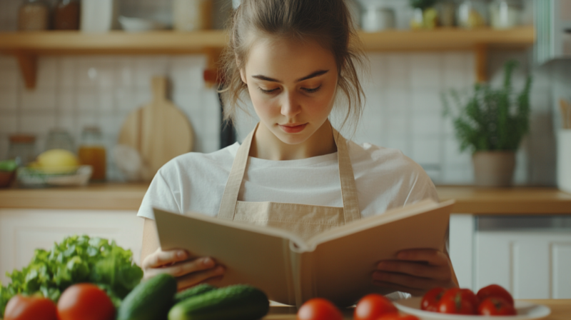 A Person Wearing an Apron Reading a Cookbook in A Kitchen Surrounded by Fresh Vegetables