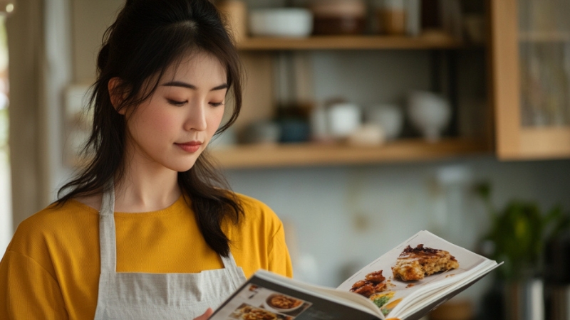 A Person Reading a Cookbook While Standing in A Kitchen