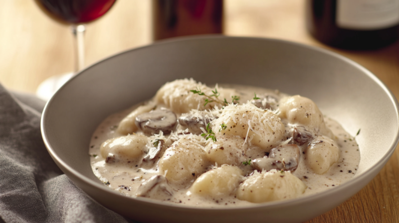 A Creamy Mushroom Gnocchi Dish Topped with Thyme and Parmesan