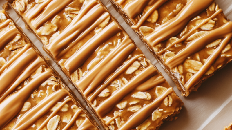 Close-Up of No-Bake Peanut Butter Treats with A Layer of Peanut Butter Drizzled Over Oat Clusters