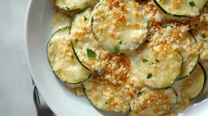 A Close-Up of Slow-Cooked Zucchinis with A Golden, Breadcrumb Topping