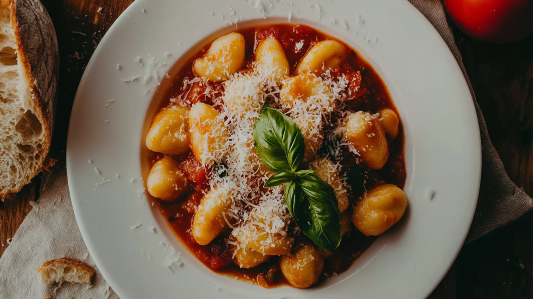 A Plate of Gnocchi Topped with Tomato Sauce, Basil, and Grated Cheese, Showcasing a Delicious Example of What to Eat with Gnocchi