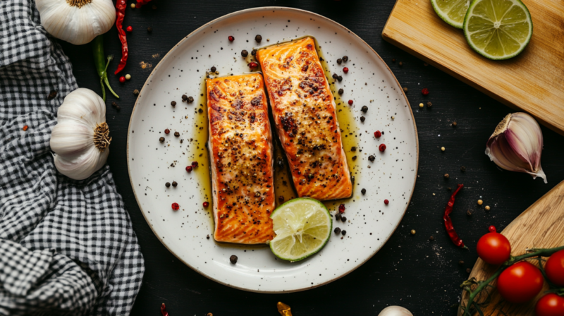 A Plate of Grilled Salmon with Black Pepper, Garlic, and Lime, Surrounded by Fresh Vegetables and Spices
