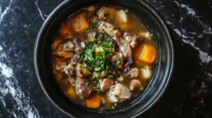 A black bowl filled with chicken soup, featuring chunks of meat, vegetables, and garnished with fresh herbs, placed on a dark marble surface