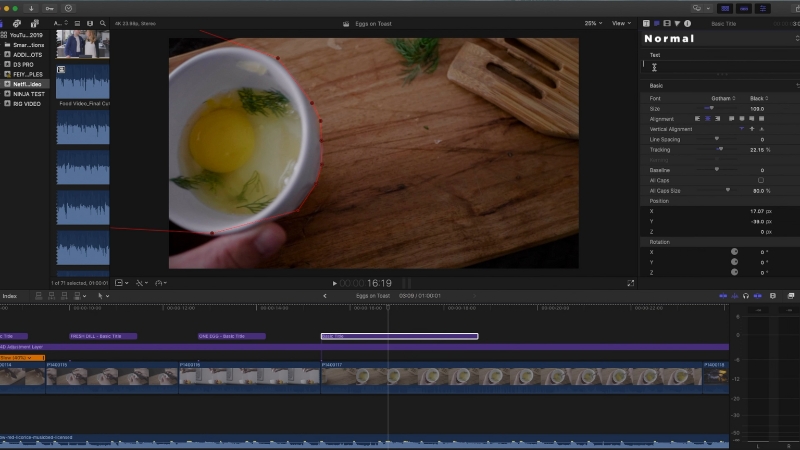 A Close-Up of A Video Editing Software Screen Showing the Timeline and Text Overlay While Editing a Cooking Video