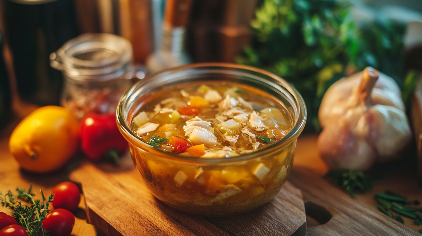A glass bowl filled with colorful chicken soup, surrounded by fresh vegetables and herbs on a wooden surface