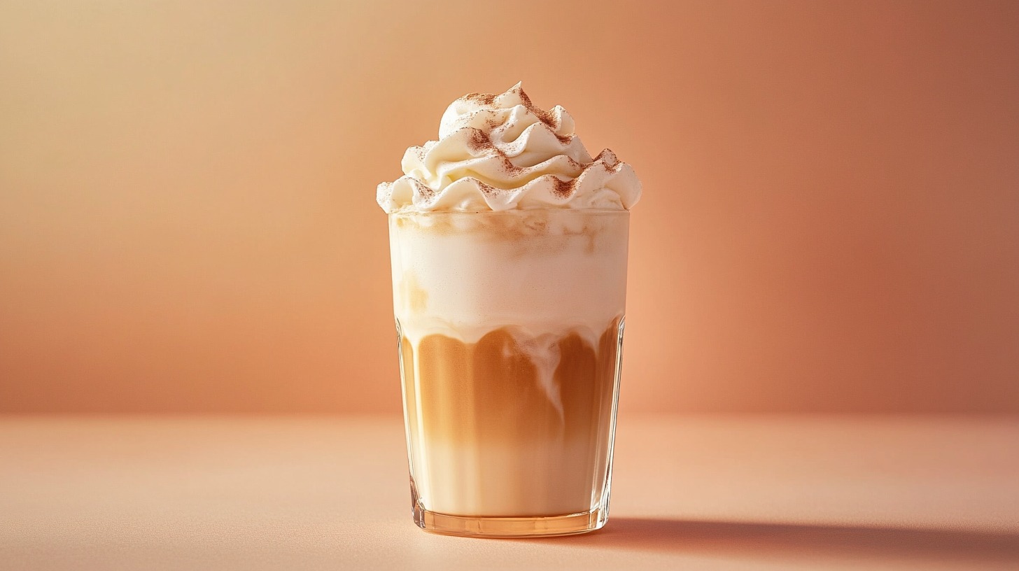 A glass of iced coffee topped with thick sweet cream cold foam and a sprinkle of cinnamon, set against a soft peach background