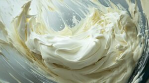 Close-up of smooth, whipped sweet cream in a mixing bowl, showing its light and fluffy texture