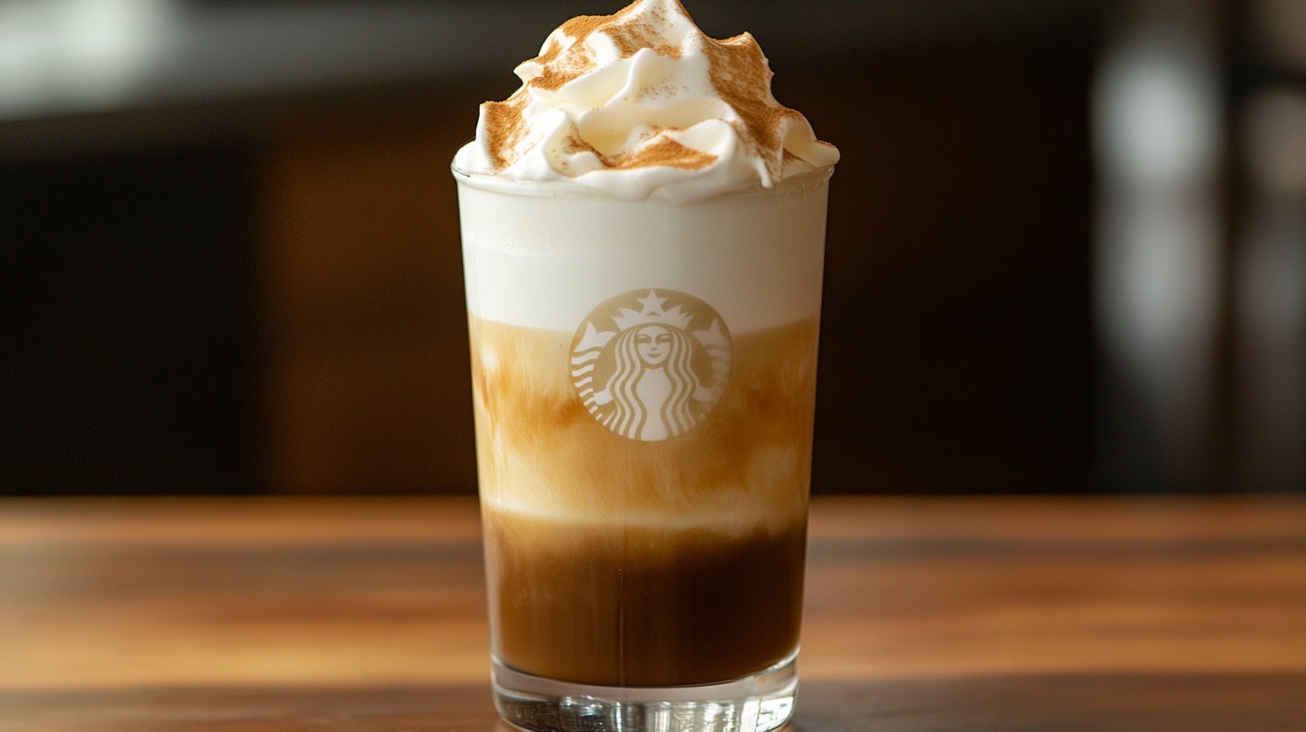 A Starbucks glass filled with a layered drink topped with sweet cream cold foam and a sprinkle of cinnamon