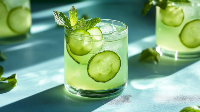 A Cucumber Spritz Mocktail with Cucumber Slices and Fresh Mint Leaves