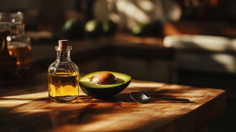 A Bottle of Avocado Oil and A Halved Avocado with Its Seed Visible, Placed on A Wooden Surface with A Spoon Beside It