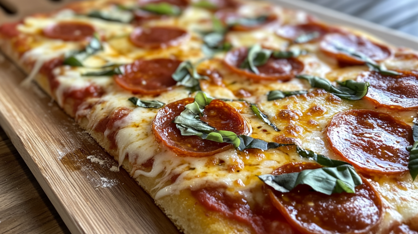 A Delicious Homemade Pizza with A Crispy Low-Carb Crust, Topped with Pepperoni and Fresh Basil Leaves