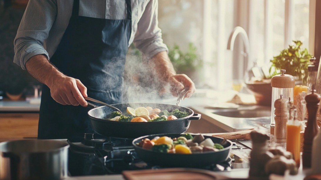 Man in an apron cooking vegetables in a skillet on a stovetop in a bright kitchen filled with fresh ingredients