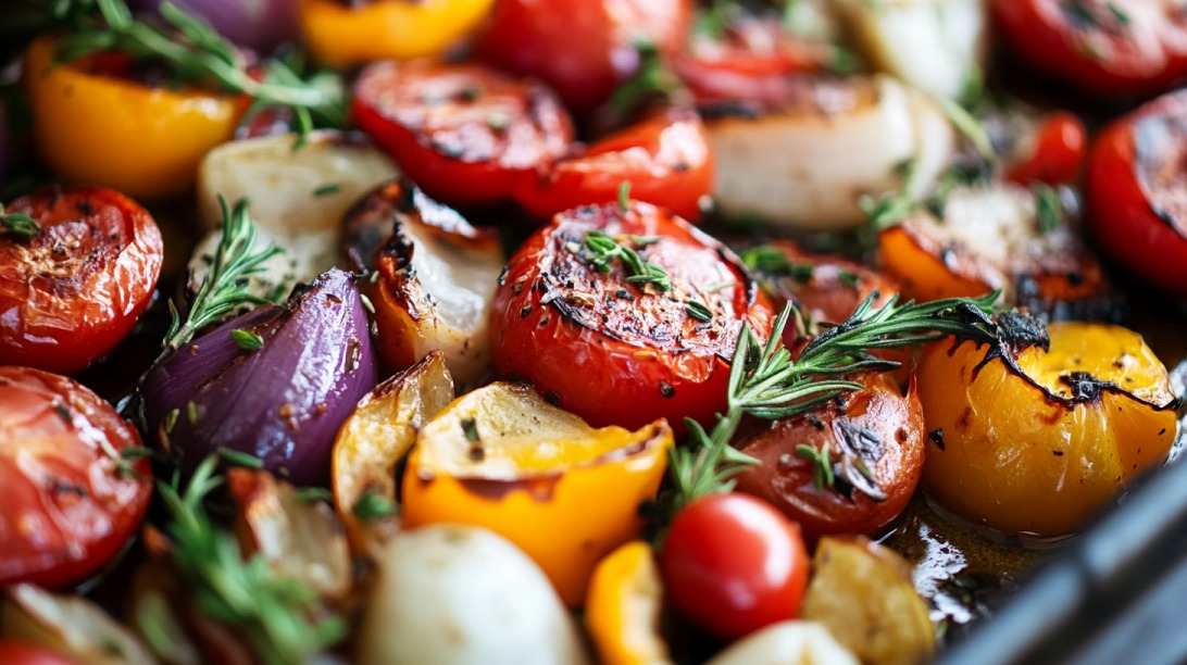 Close-up of colorful roasted vegetables including tomatoes, bell peppers, onions, and herbs with charred edges