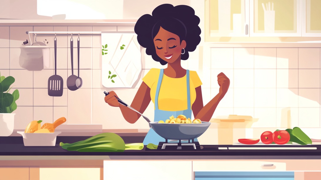 Illustration of a woman happily cooking in a bright kitchen with vegetables and utensils around her