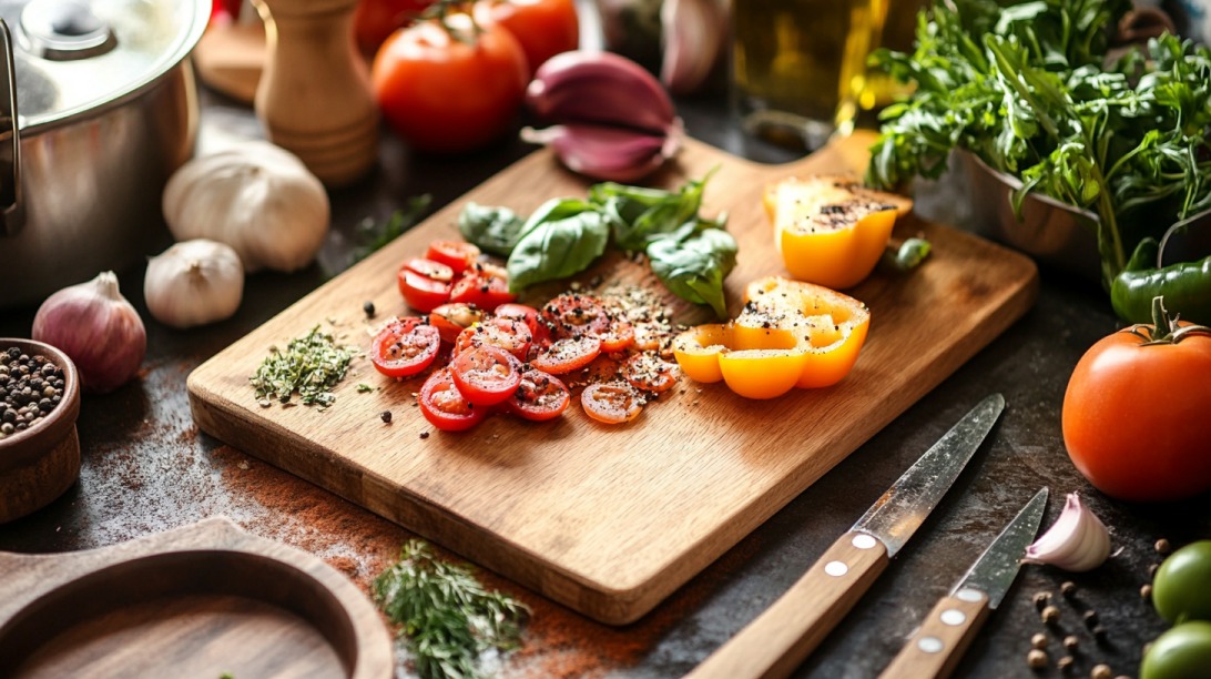 Chopped cherry tomatoes, yellow bell pepper, and fresh herbs on a wooden cutting board surrounded by vegetables and spices