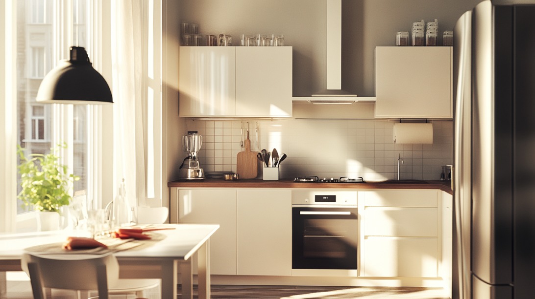 Modern, sunlit kitchen with white cabinets, a wooden countertop, and neatly arranged utensils, ready for filming