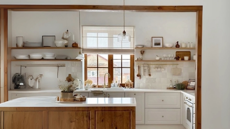 Modern kitchen with white cabinetry, wood accents, open shelving, and natural light creating a warm rustic touch