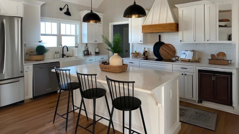 Modern kitchen with white cabinetry, wood accents, black fixtures, and a central island adding subtle rustic charm