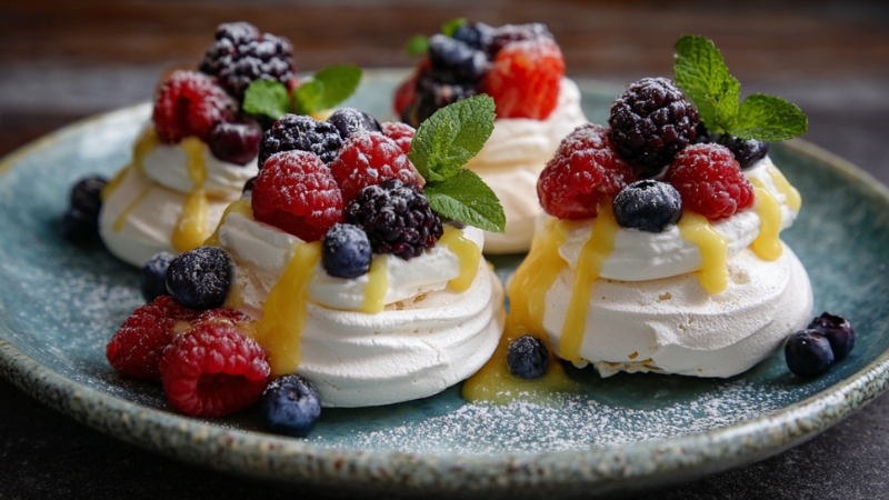 Mini Pavlovas with Lemon Curd and Berries topped with raspberries, blackberries, blueberries, and fresh mint leaves are served on a blue plate