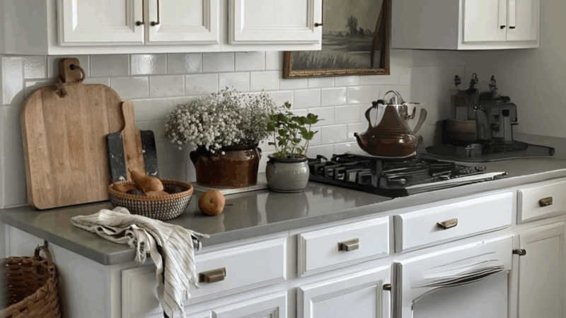 Modern kitchen countertop with cutting boards, fresh flowers, and rustic decor accents