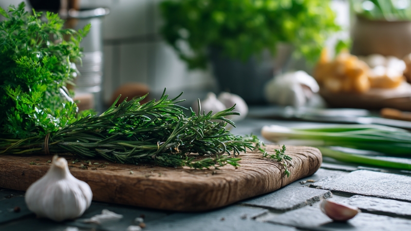 Fresh herbs and garlic on a wooden board highlight the importance of ingredient quality in cooking