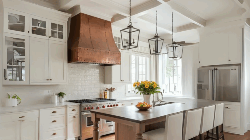 Modern rustic kitchen with large pendant lights, a copper range hood, and a wooden island with seating