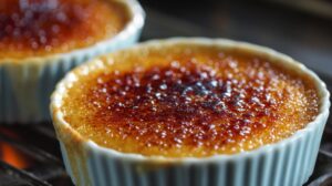 Close-up of crème brûlée in ramekins with perfectly caramelized golden-brown sugar tops