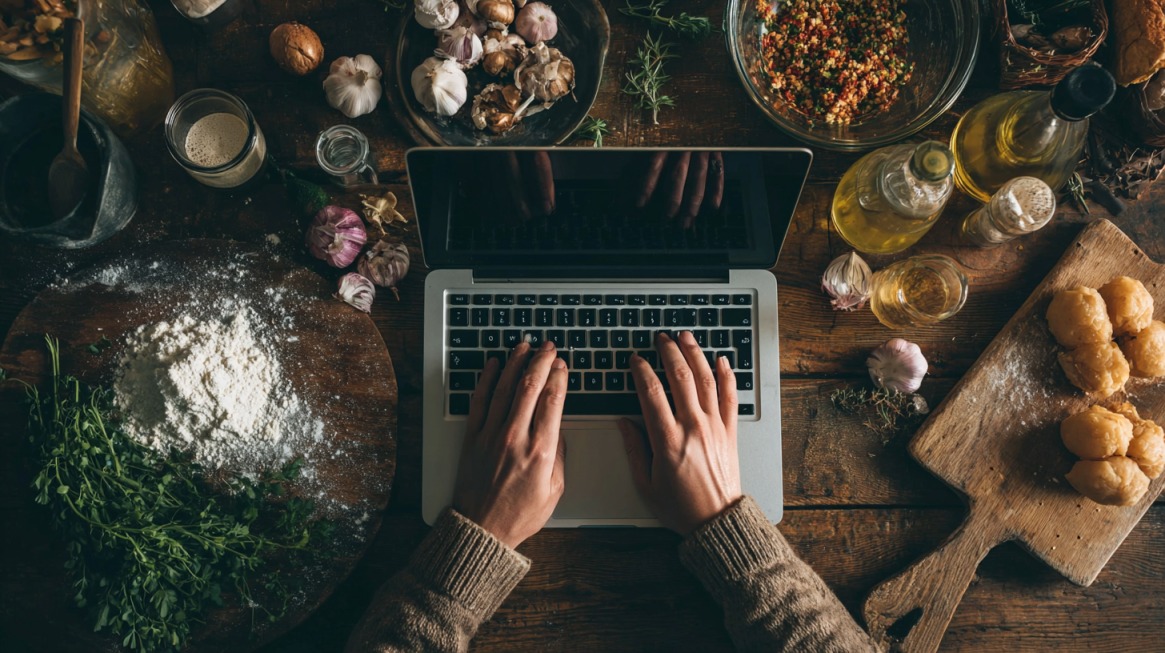 Hands typing on a laptop surrounded by cooking ingredients like flour, herbs, garlic, olive oil, and dough on a wooden table.
