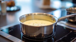 Stainless steel saucepan with cream heating on a stovetop, lightly speckled with vanilla