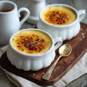 Two white ramekins of crème brûlée topped with caramelized sugar, served on a wooden tray with a spoon