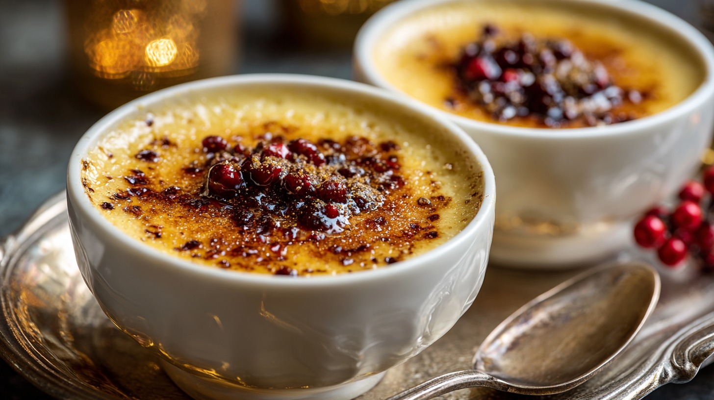 Two ramekins of crème brûlée with caramelized tops, garnished with red berries, served on a silver tray with a spoon