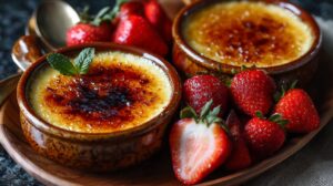 Two ramekins of crème brûlée with caramelized tops, garnished with mint and surrounded by fresh strawberries