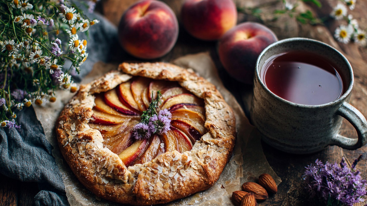 Peach galette with almond crust on parchment paper, served with a cup of tea, fresh peaches, almonds, and wildflowers