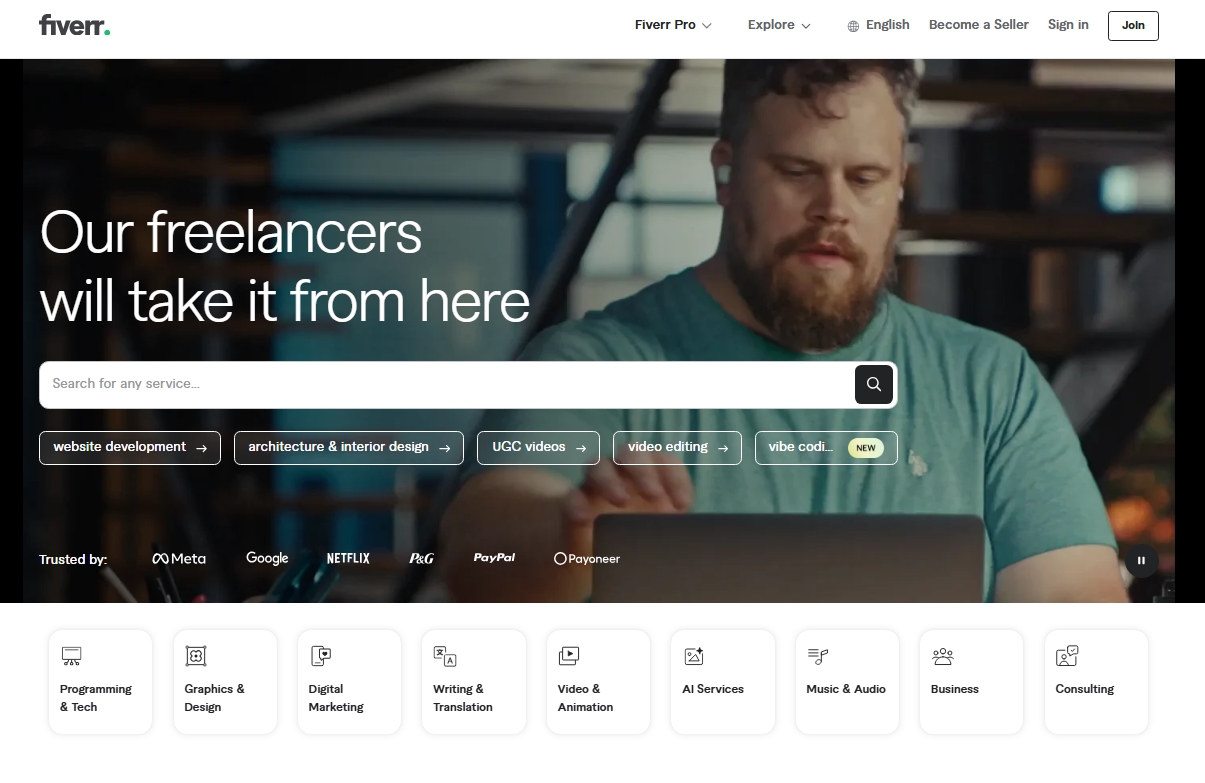 Fiverr homepage highlighting freelance services in areas like design, marketing, writing, and video editing