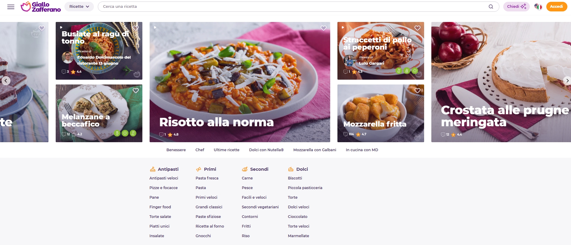 Homepage of GialloZafferano showing Italian recipes like risotto, chicken, eggplant, and desserts