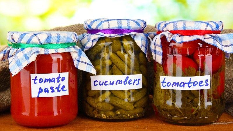 Homemade jars of tomato paste, cucumbers, and tomatoes feature handwritten labels
