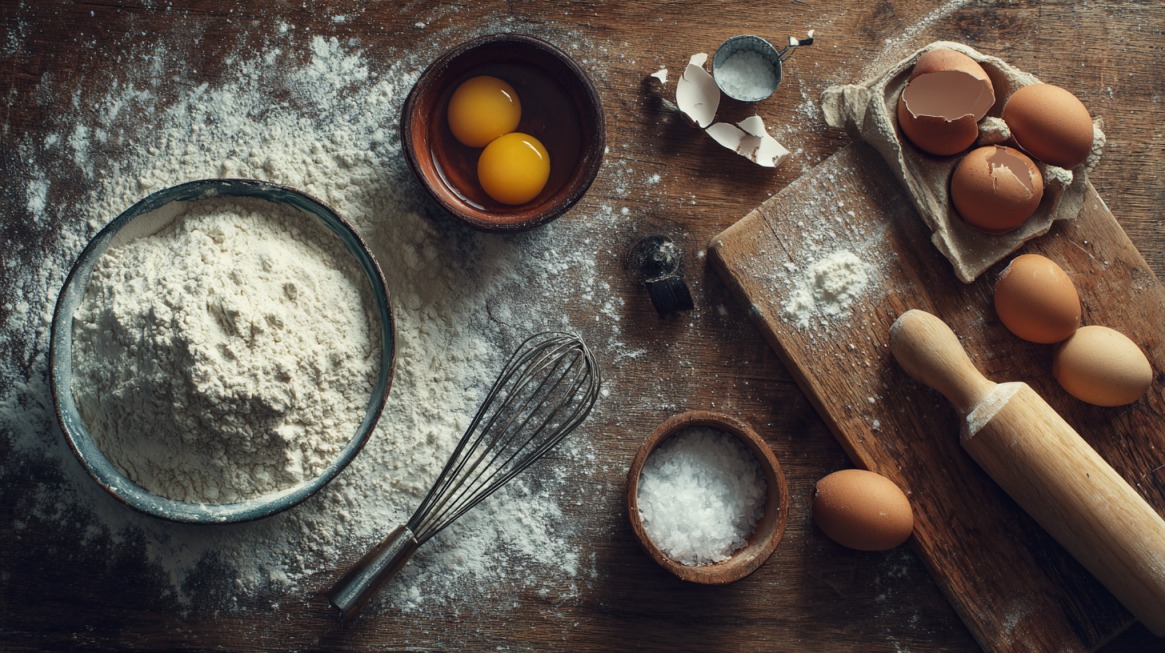 Top view of baking ingredients including flour, eggs, salt, whisk, and rolling pin on a wooden table