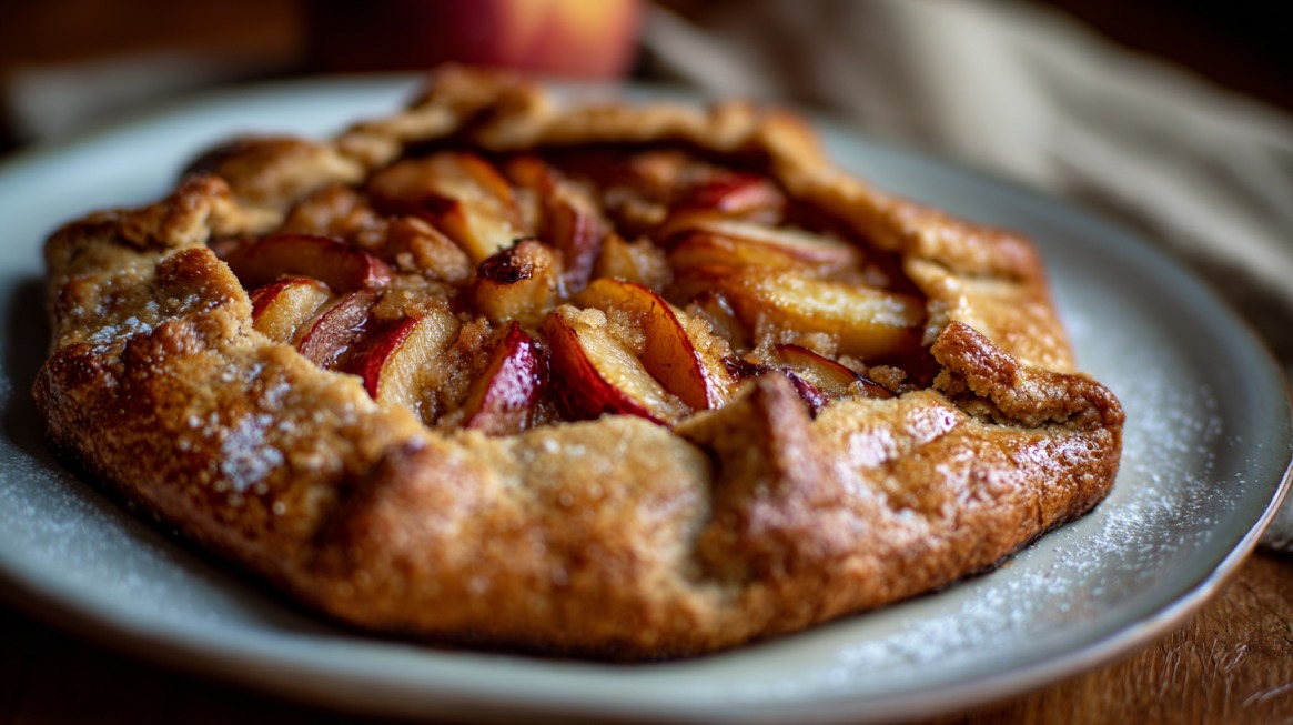 Close-up of a baked peach galette with almond crust on a plate, showcasing caramelized peaches and golden brown edges