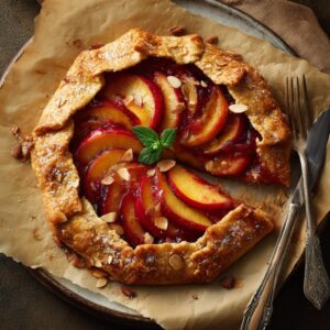 Golden brown peach galette topped with sliced peaches, almonds, and fresh mint on parchment paper