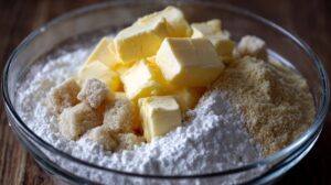 Close-up of a glass bowl with cubed butter, almond flour, powdered sugar, and brown sugar for making galette crust