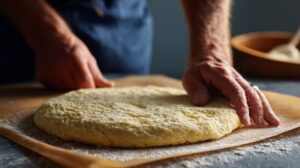 Hands pressing and shaping almond crust dough on parchment paper for a peach galette