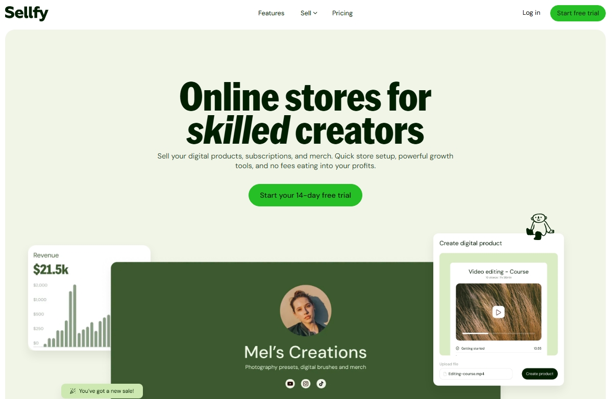 Sellfy homepage promoting online stores for creators, with features for selling digital products, subscriptions, and merch