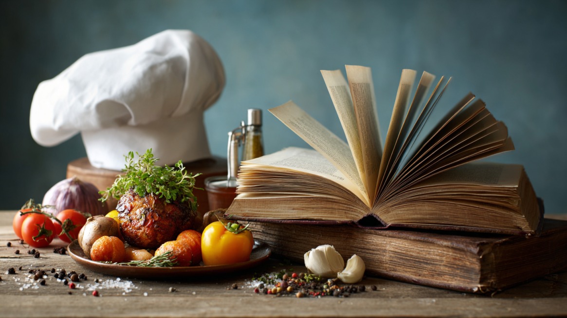An open cookbook with pages fanned out, a chef’s hat, fresh vegetables, and herbs arranged on a wooden table