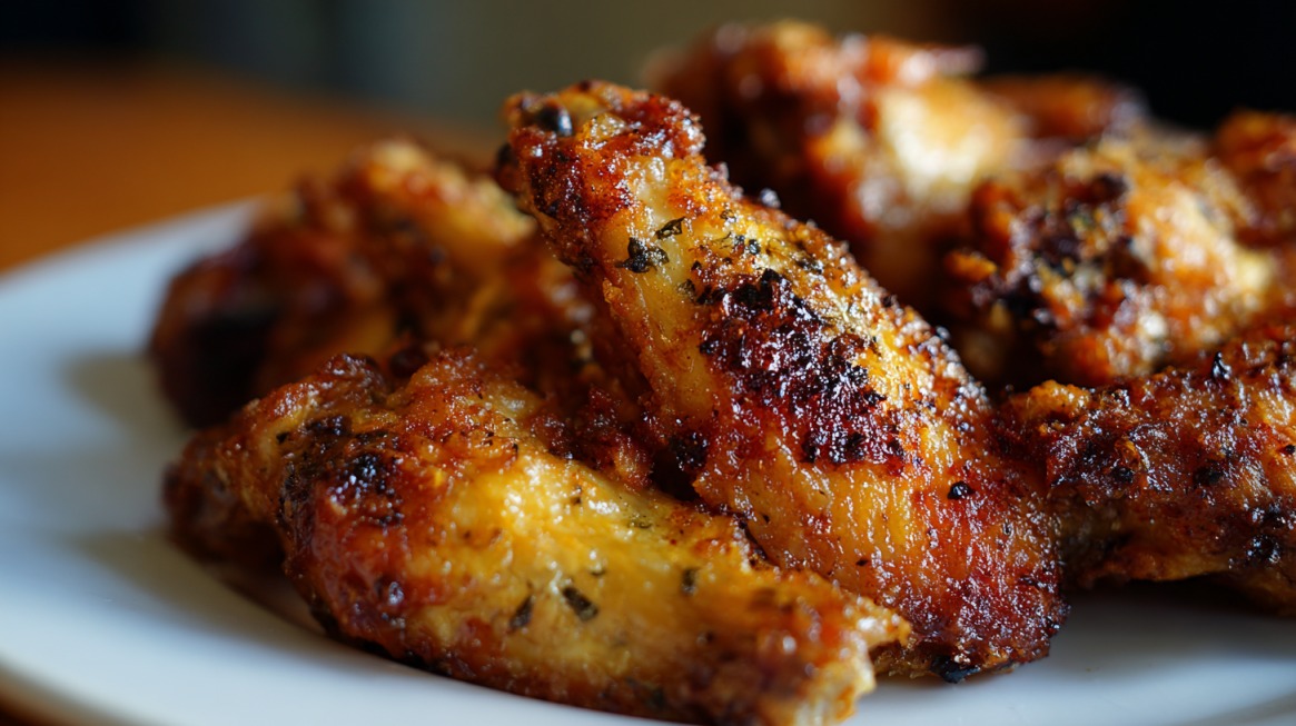 Close-up of crispy, golden-brown chicken wings on a white plate, showing a well-seasoned and slightly caramelized surface