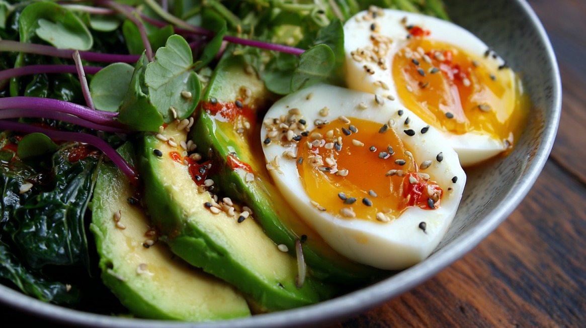 Close-up of a bowl with avocado slices, soft-boiled eggs with runny yolks, greens, and sesame seeds