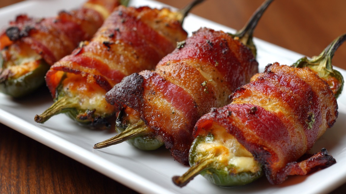 Close-up of bacon-wrapped jalapeño poppers on a white plate, showing golden, crispy bacon and melted cheese inside the peppers