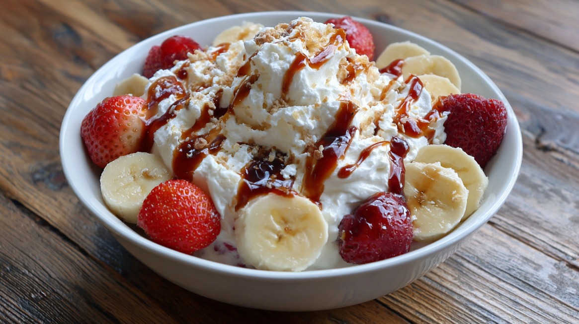 Bowl filled with cottage cheese, banana slices, strawberries, chocolate drizzle, and crushed nuts on a wooden table