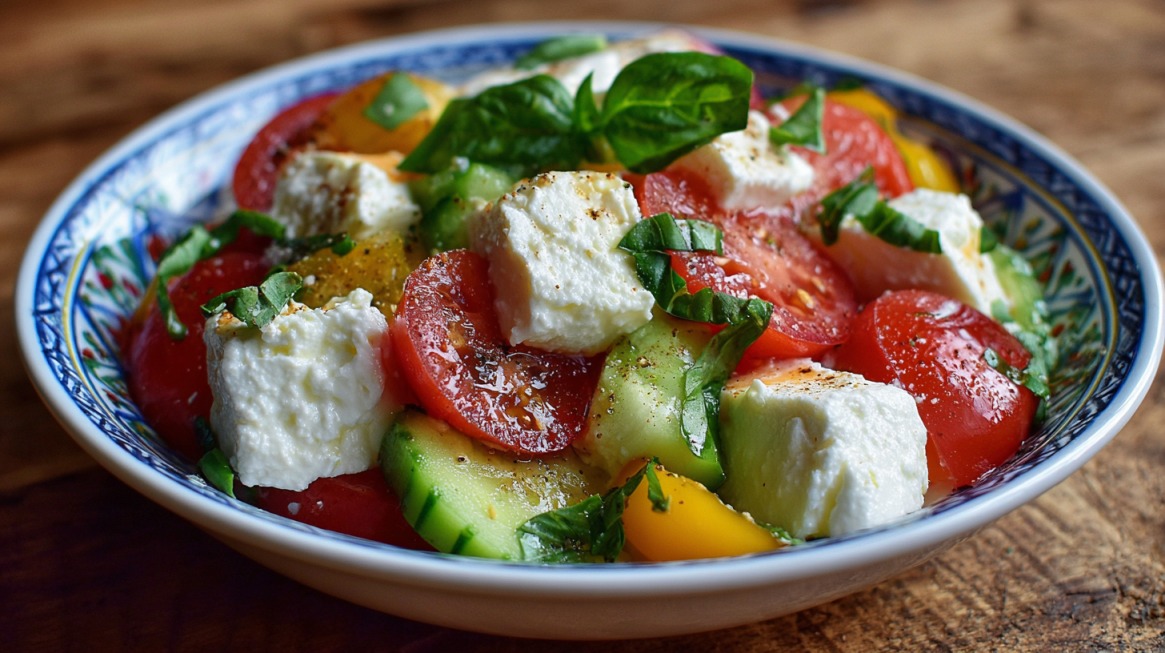 Colorful salad with cherry tomatoes, cucumber slices, cottage cheese cubes, and fresh basil in a patterned bowl